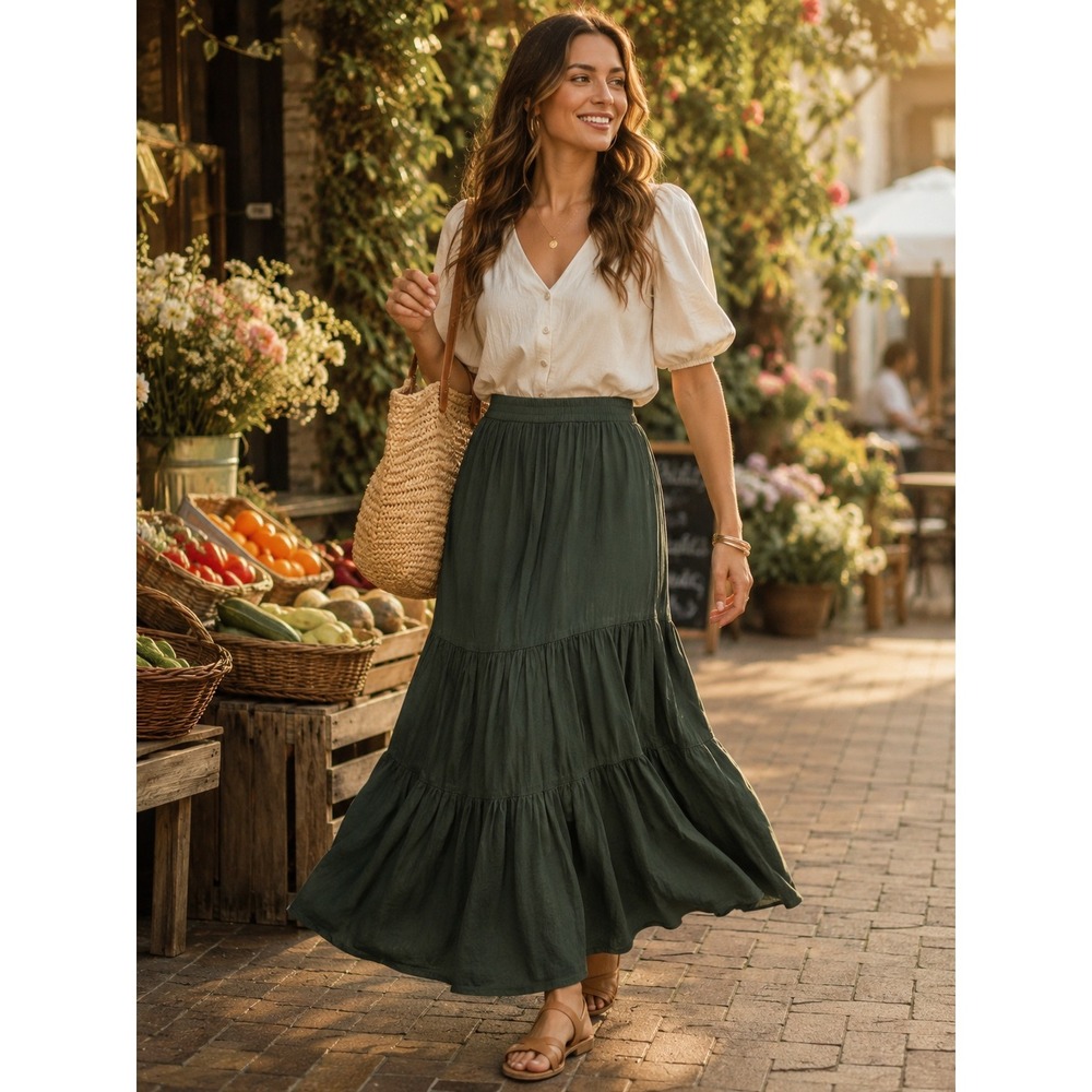 Dip Womens Tiered Maxi Skirt Medium Dark Green Elastic Waist Boho Peasant Flowy
